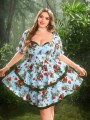 Niebieska sukienka wzór koronka (2XL)