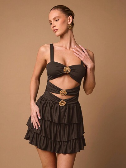 Brązowa sukienka mini cut out (XS)