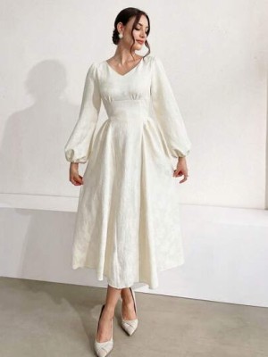 Ecru sukienka midi v neck (M)