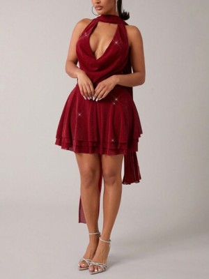 Czerwona mini sukienka szal (M)
