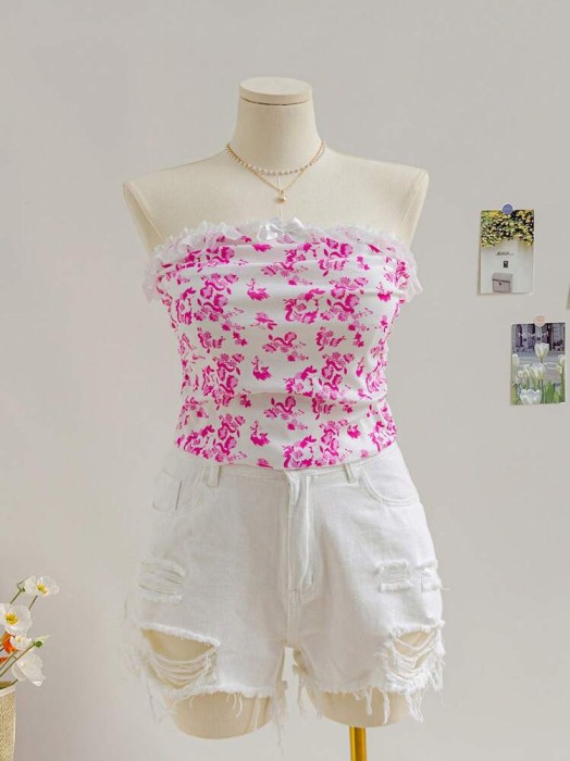Biały top różowy wzór (2XL)
