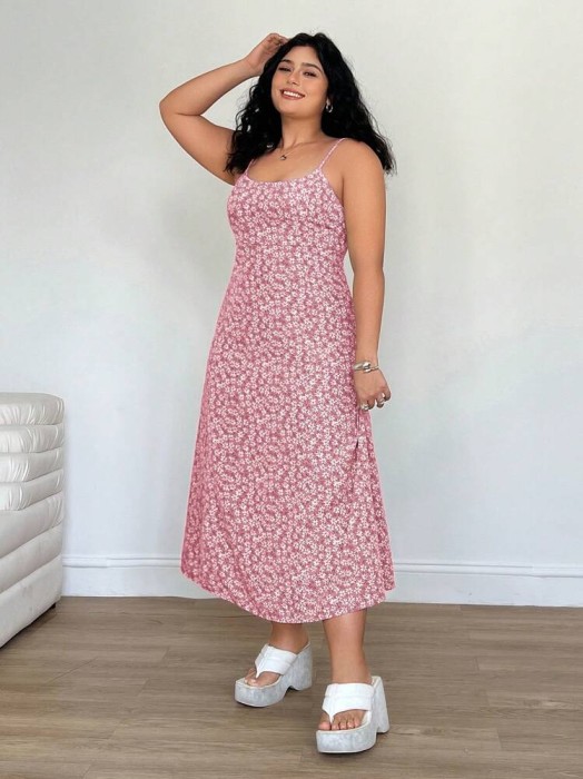 Różowa sukienka midi kwiaty (2XL)