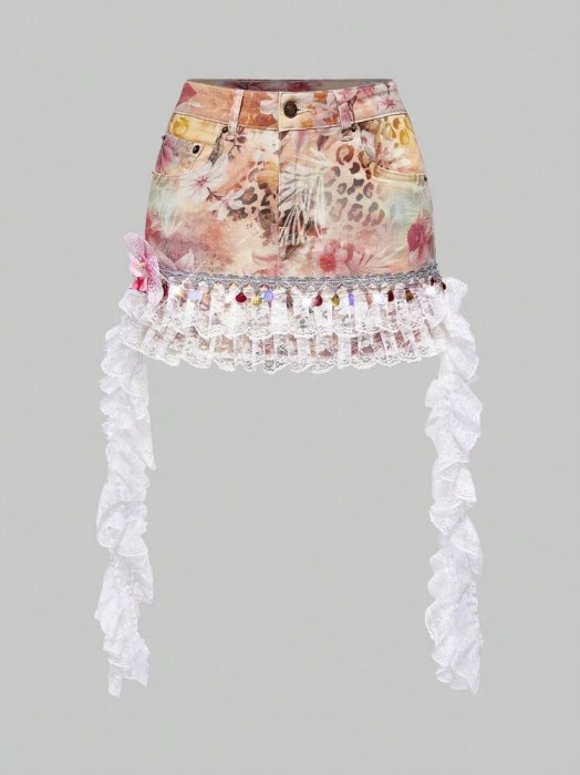 Kolorowa spódnica mini koronka (M)