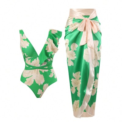 Zielony strój kąpielowy spódnica wzór (M)
