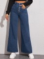Niebieskie proste jeansy guziki (XS)