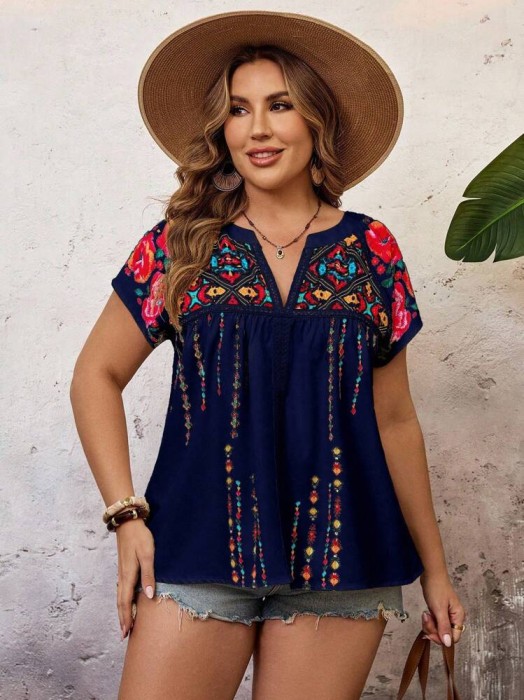 Granatowa bluzka krótki rękaw nadruk (2XL)