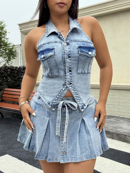 Niebieski jeansowy top guziki (0XL)