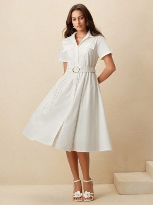 Śmietankowa koszulowa sukienka pasek (M)