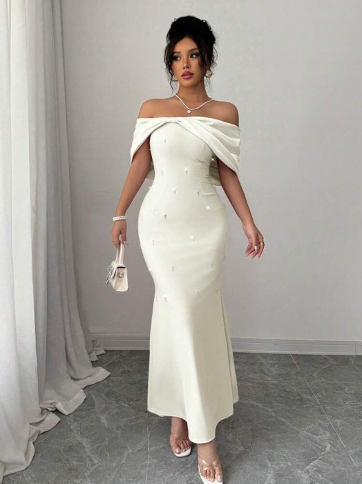 Ecru sukienka maxi zdobienia (XL)