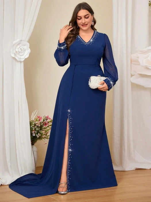 Granatowa sukienka v neck długi rękaw (4XL)