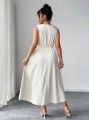 Jasnobeżowa sukienka midi v neck (1XL)