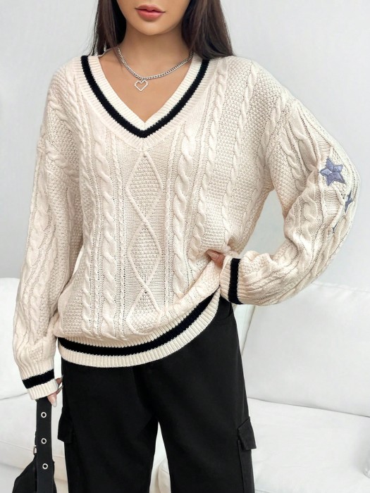 Ecru luźny sweter hafty (S)