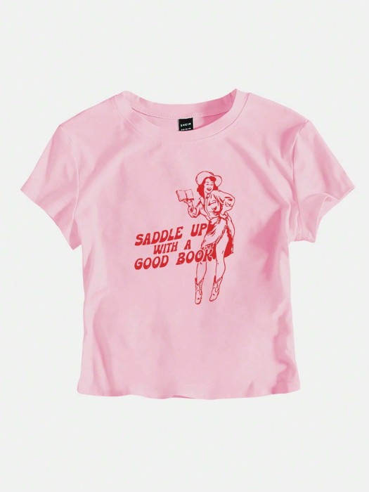 Różowy krótki t-shirt nadruk (L)