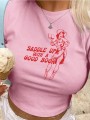 Różowy krótki t-shirt nadruk (L)