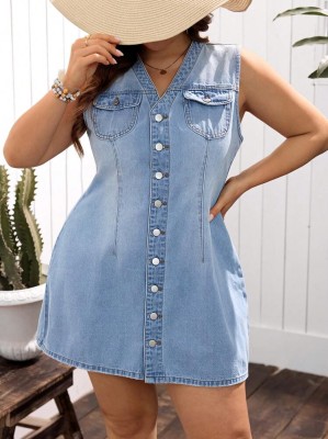 Niebieska sukienka jeansowa guziki (0XL)