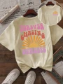 Beżowy luźny t-shirt nadruk (S)