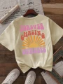 Beżowy luźny t-shirt nadruk (S)