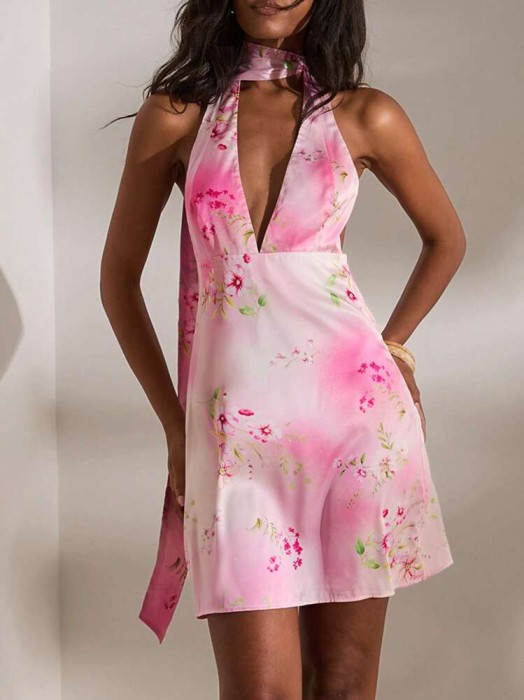 Różowa sukienka mini kwiaty (XS)