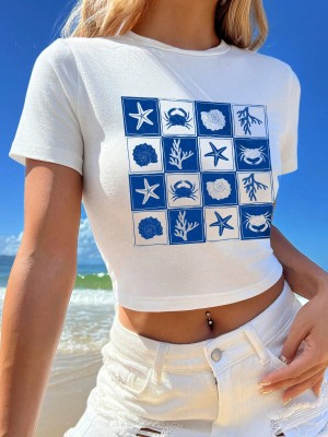 Biały krótki t-shirt nadruk (M)