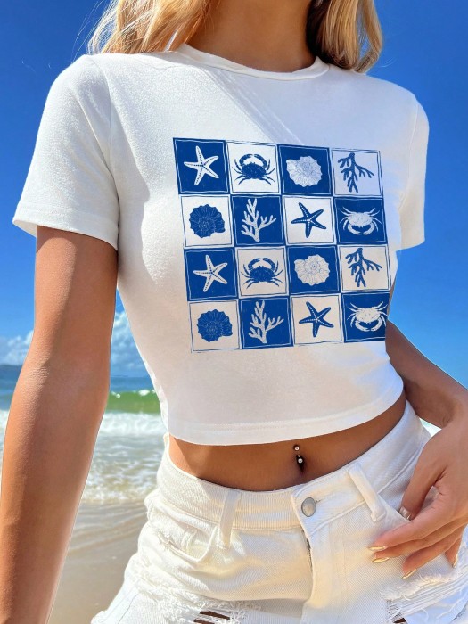 Biały krótki t-shirt nadruk (M)