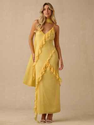 Żółta szyfonowa sukienka szalik (S)