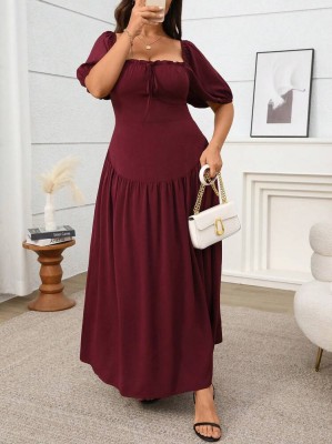 Burgundowa sukienka maxi marszczenia (1XL)