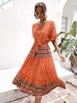 Pomarańczowa sukienka wzór pasek (L)