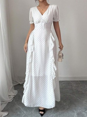 Biała maxi sukienka groszki (L)