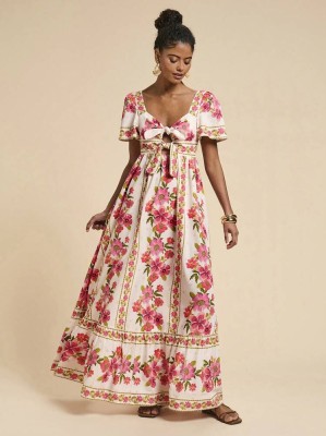 Wzorzysta sukienka maxi marszczenia (S)