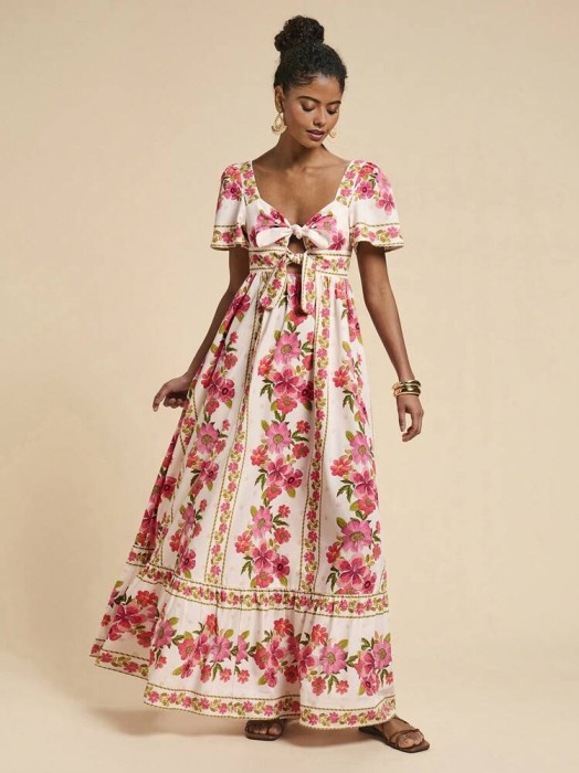 Wzorzysta sukienka maxi marszczenia (S)