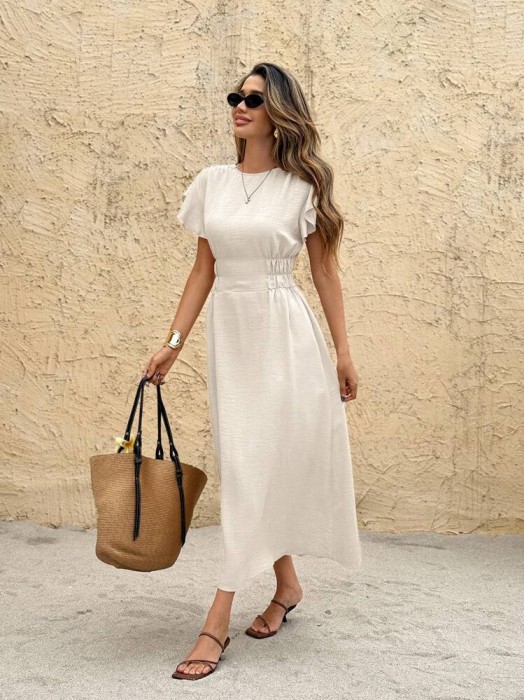 Beżowa sukienka krótkie rękawy (L)