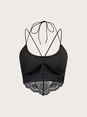 Czarny top cut out koronka (M)