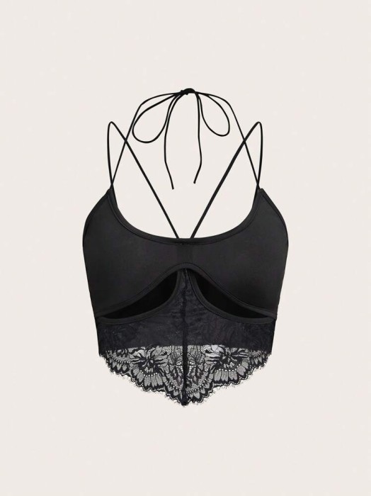 Czarny top cut out koronka (M)