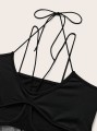 Czarny top cut out koronka (M)