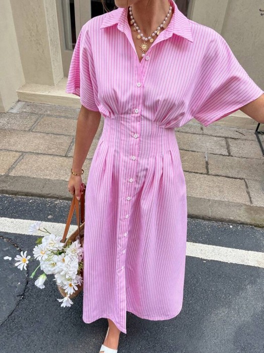 Różowa sukienka koszulowa paski (L)