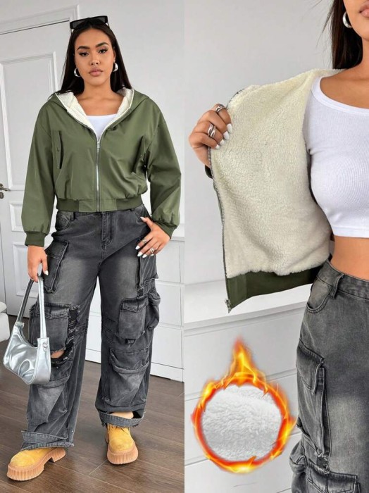 Ocieplana kurtka khaki kaptur (0XL)