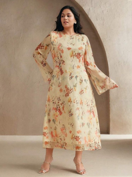 Beżowa sukienka midi wzór (3XL)