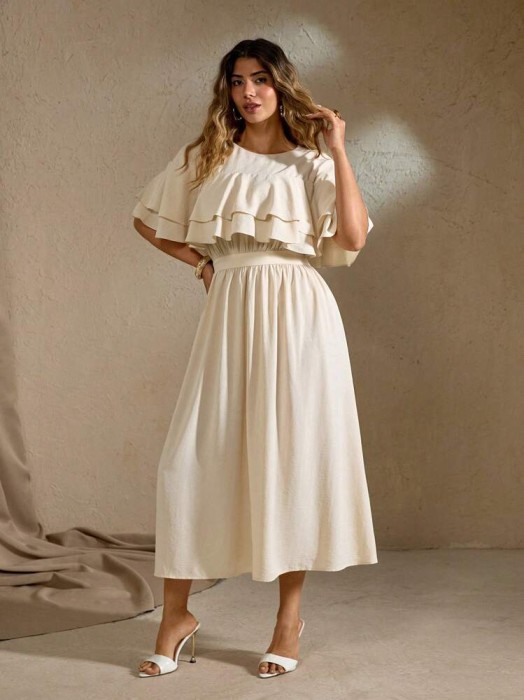 Beżowa sukienka falbany (1XL)