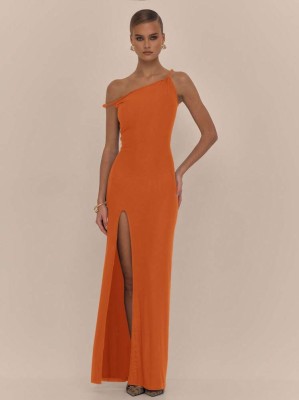 Pomarańczowa sukienka rozcięcie (S)