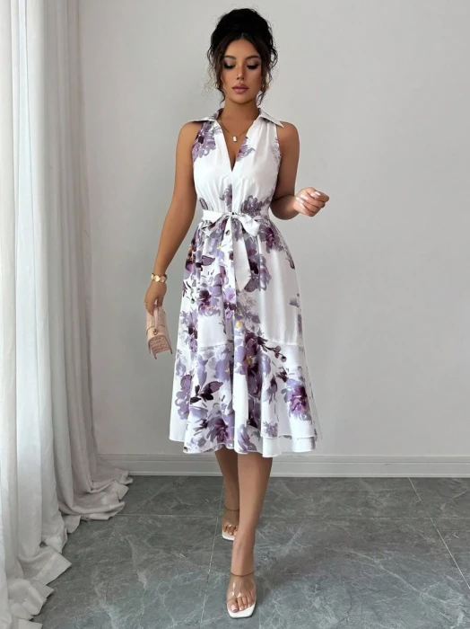 Biała sukienka pasek wzór (M)