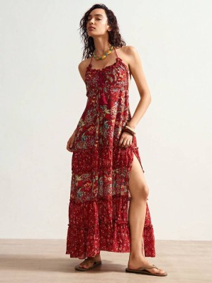 Brązowa sukienka maxi wzór (S)