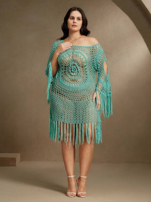 Turkusowa pleciona tunika plażowa (2XL)