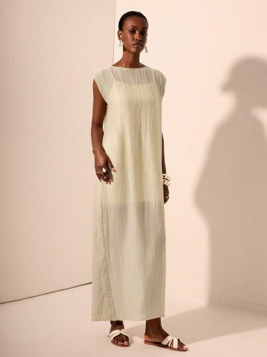 Beżowa sukienka krótki rękaw (M)