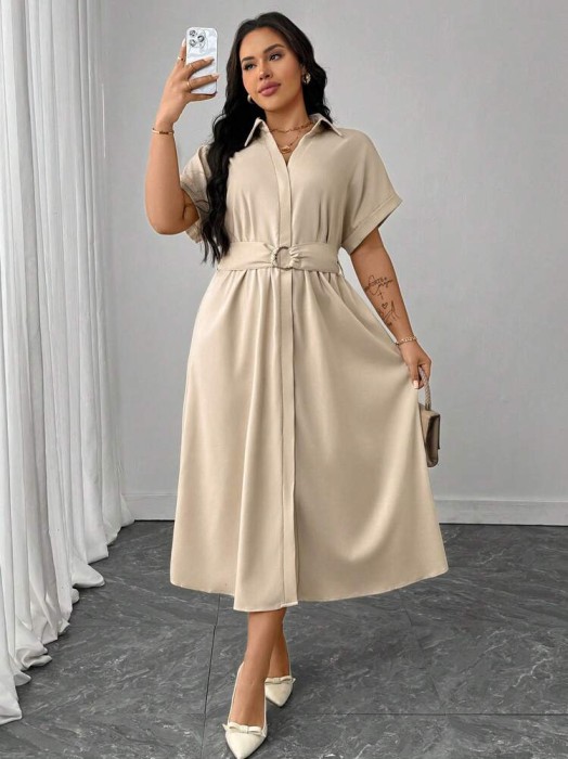Beżowa koszulowa sukienka pasek (1XL)
