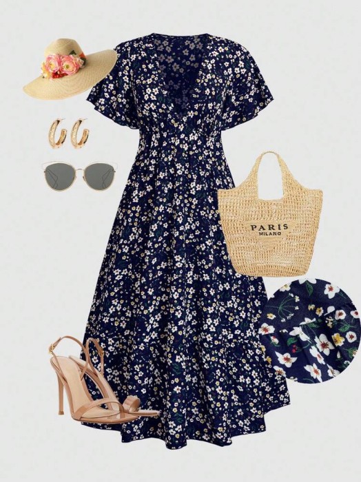 Granatowa sukienka kwiaty v neck (0XL)