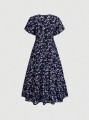 Granatowa sukienka kwiaty v neck (0XL)