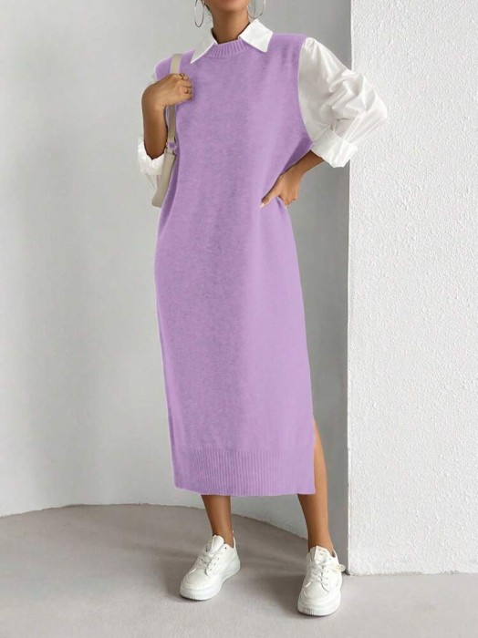 Liliowa dzianinowa sukienka bez rękawów (M)