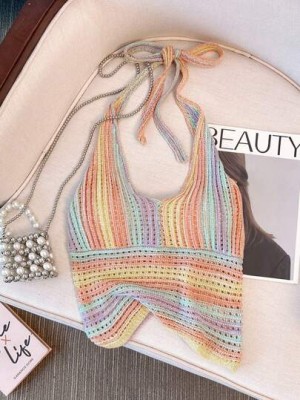 Kolorowy top wiązany na szyi (L)