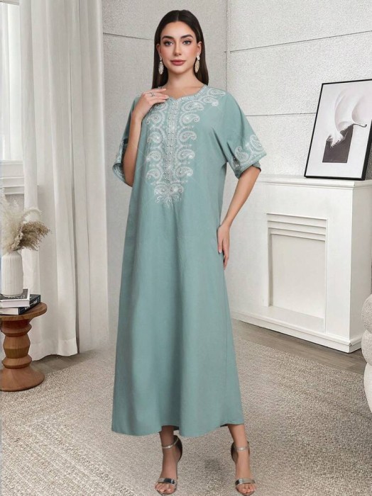 Szałwiowa sukienka midi hafty (M)