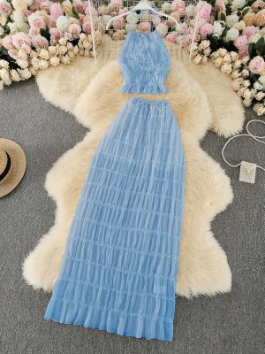 Niebieski letni marszczony komplet (S)